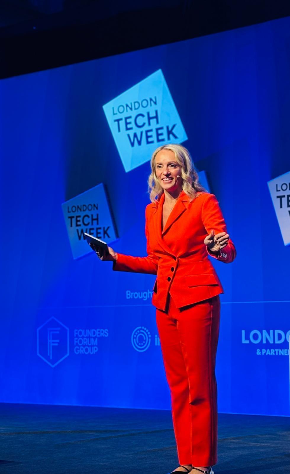 Linzi Boyd, Founder of One Earth Global, speaking on stage at London Tech Week